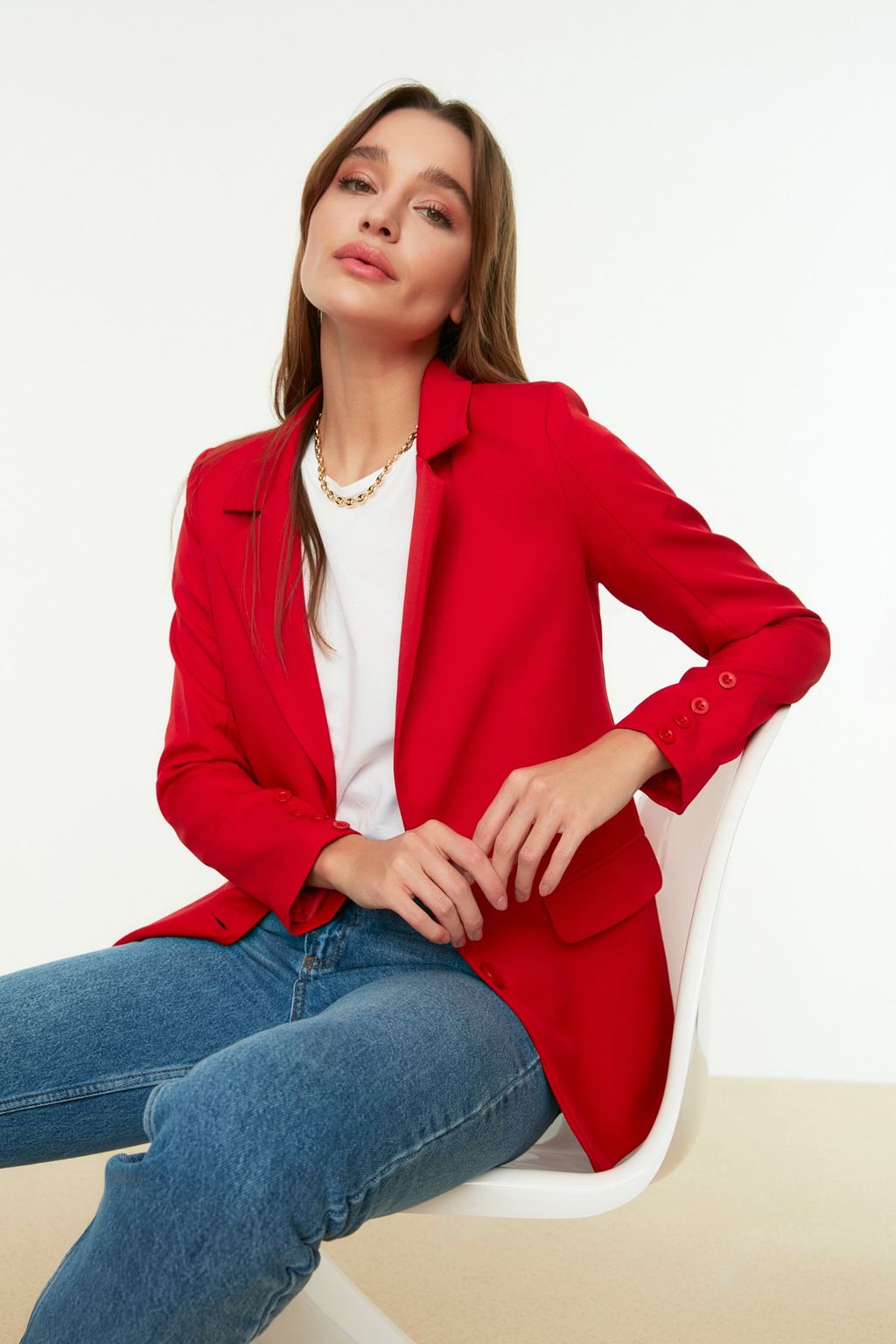 TRENDYOLMILLA K?rm?z? Regular Astarl? Dugmeli Dokuma Blazer Ceket TWOAW22CE0165
