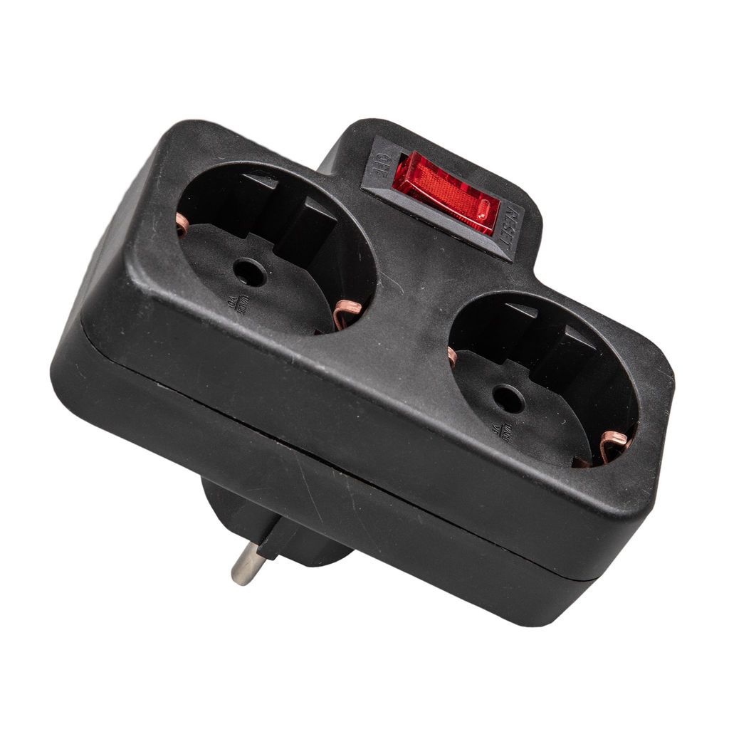 S-GES2-16PB BLACK Разветвитель сетевой с выключателем, с/з. 2 гнезда. 16А, 3500Вт. Черный. ТМ Uniel