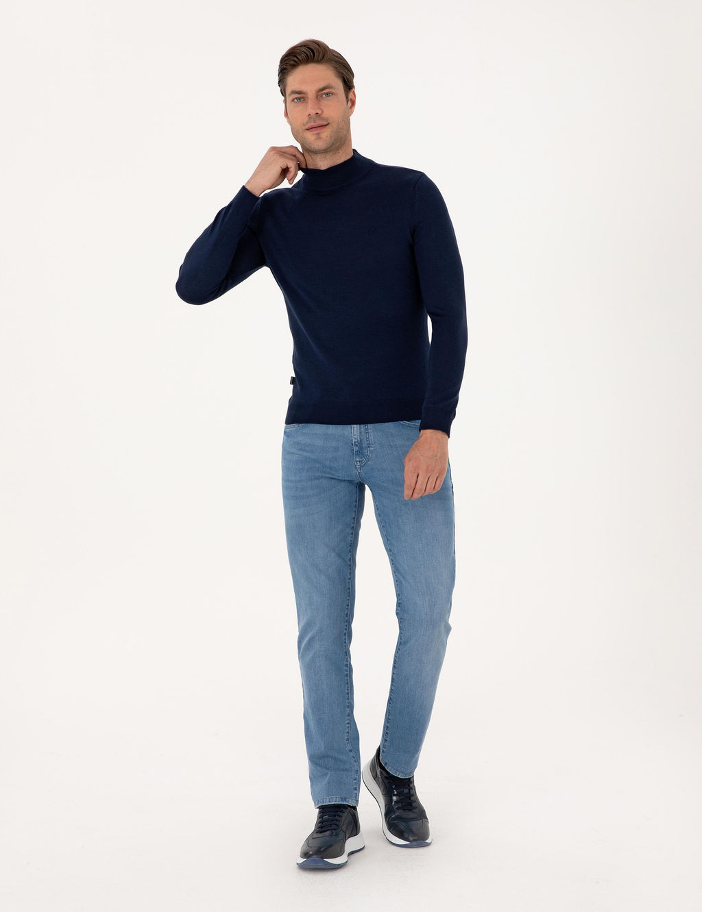 A__k Lacivert Slim Fit Yar_m Bal_k__ Yaka Basic Triko Kazak