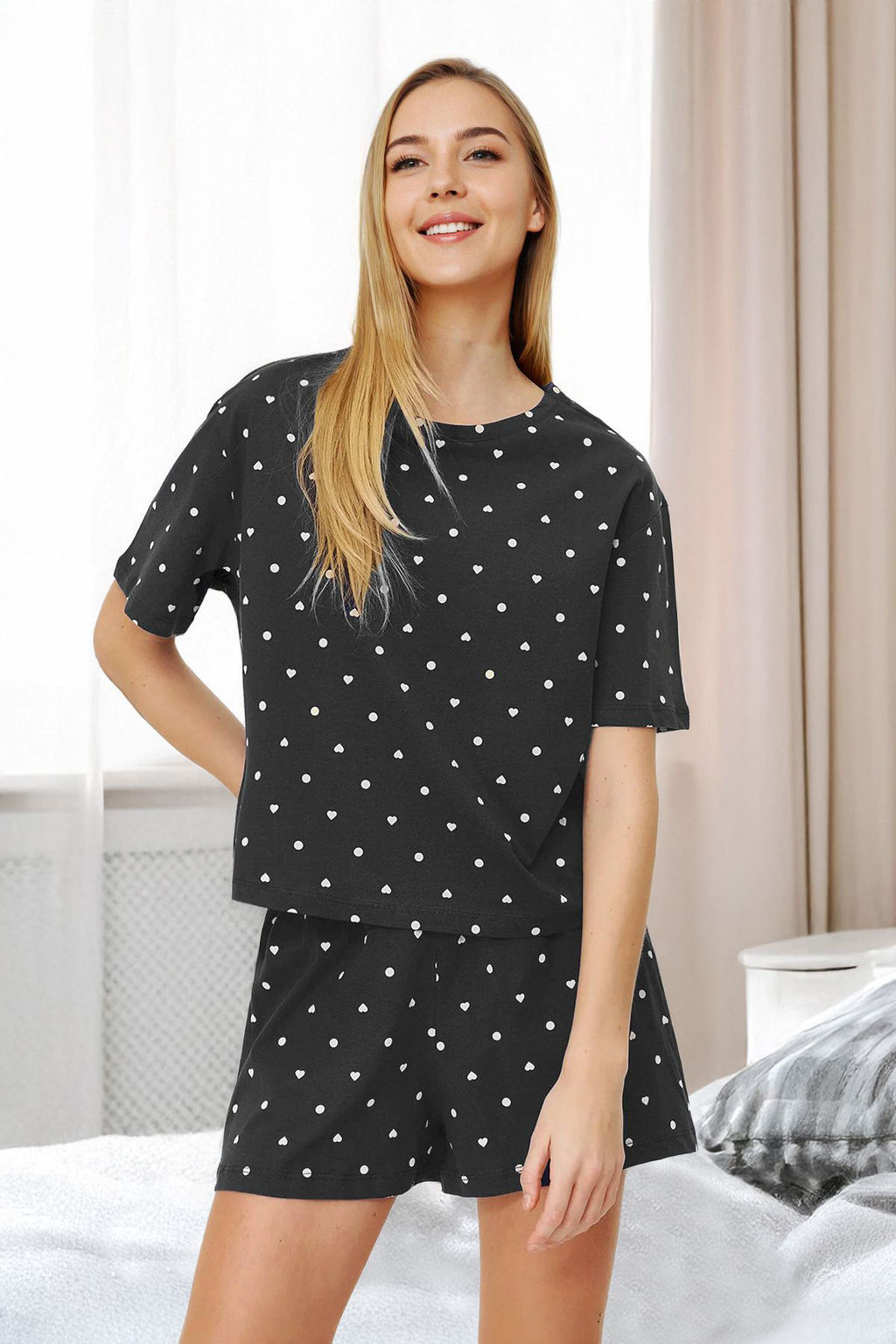 Trendyolmilla Beyaz %100 Pamuklu Puantiyeli ve Kalpli Sortlu Orme Pijama Tak?m? THMSS21PT1485 фото 76