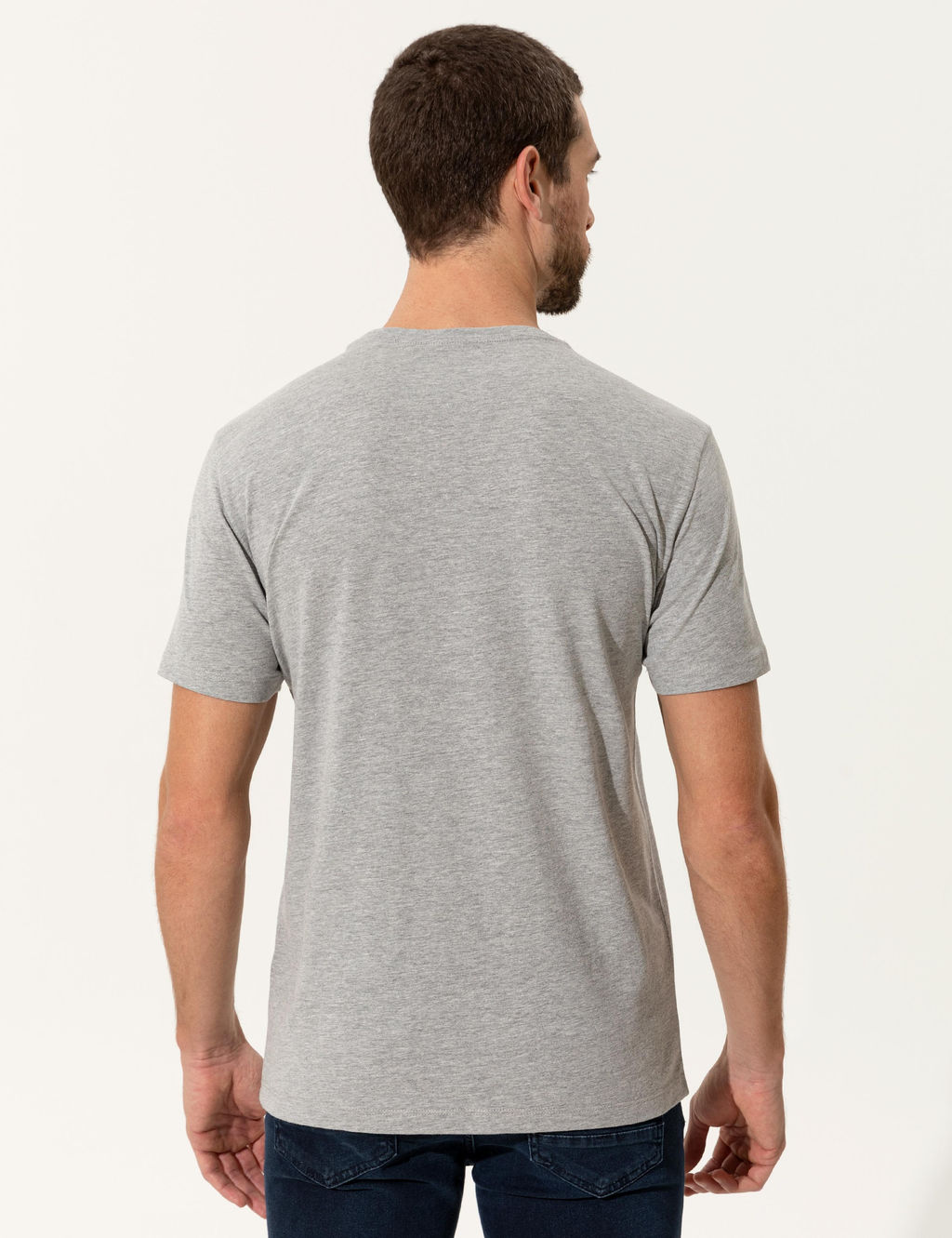 A__k Gri Melanj Slim Fit Bask_l_ Bisiklet Yaka Ti__rt