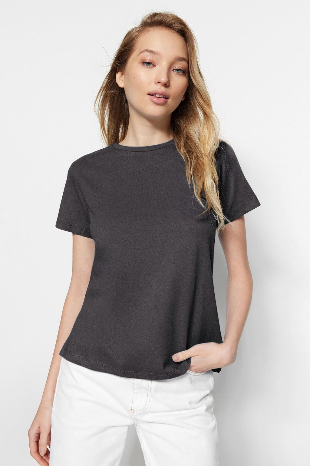 Antrasit-Sar? Basic %100 Pamuk Bisiklet Yaka 2li Paket Orme T-Shirt TWOSS20TS0141