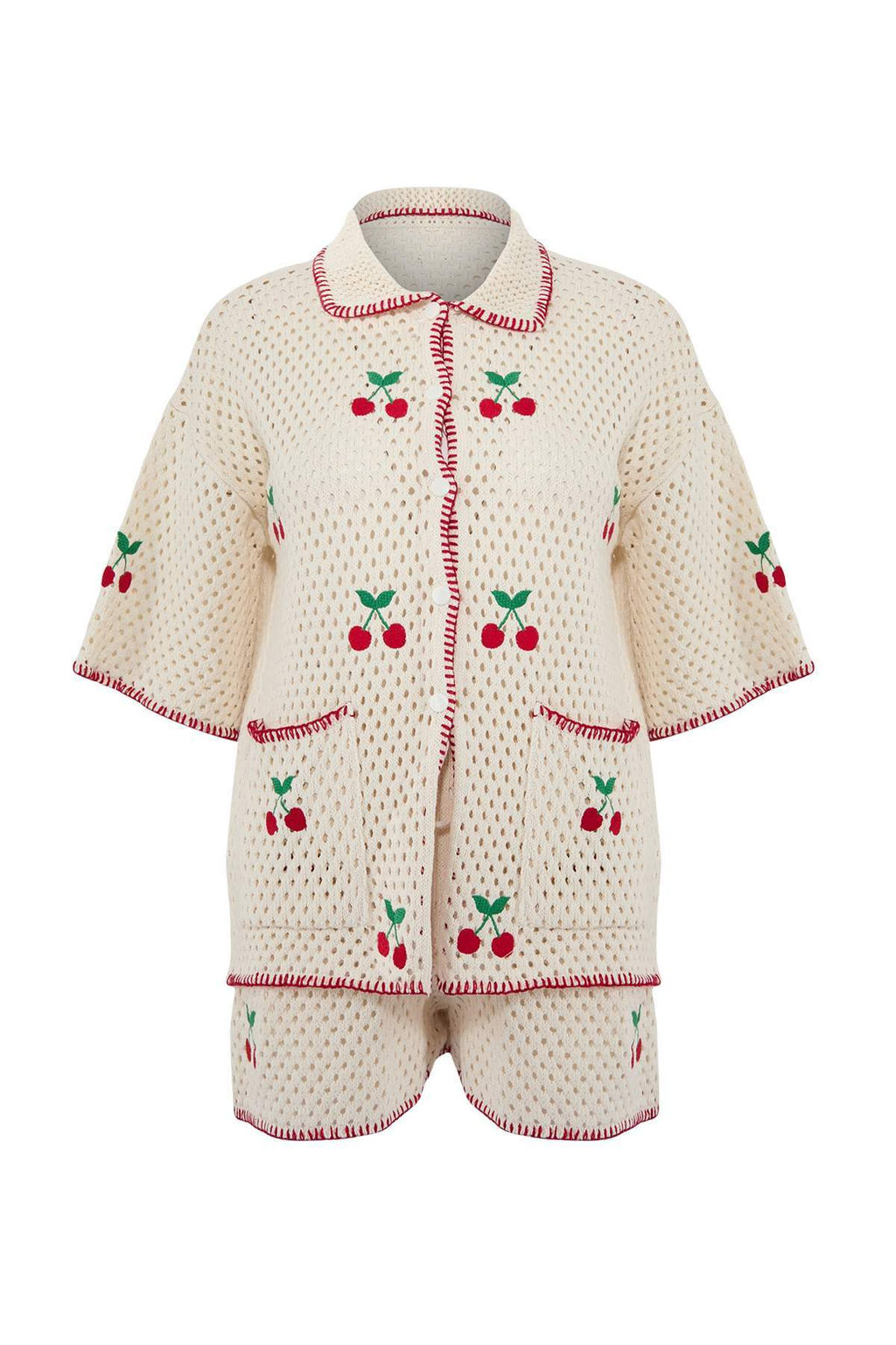 Ekru Triko Oversize Kiraz Motifli 100% Pamuk Plaj Gomlek Sort Tak?m TBESS26AU00009 - Trendyolmilla фото 4