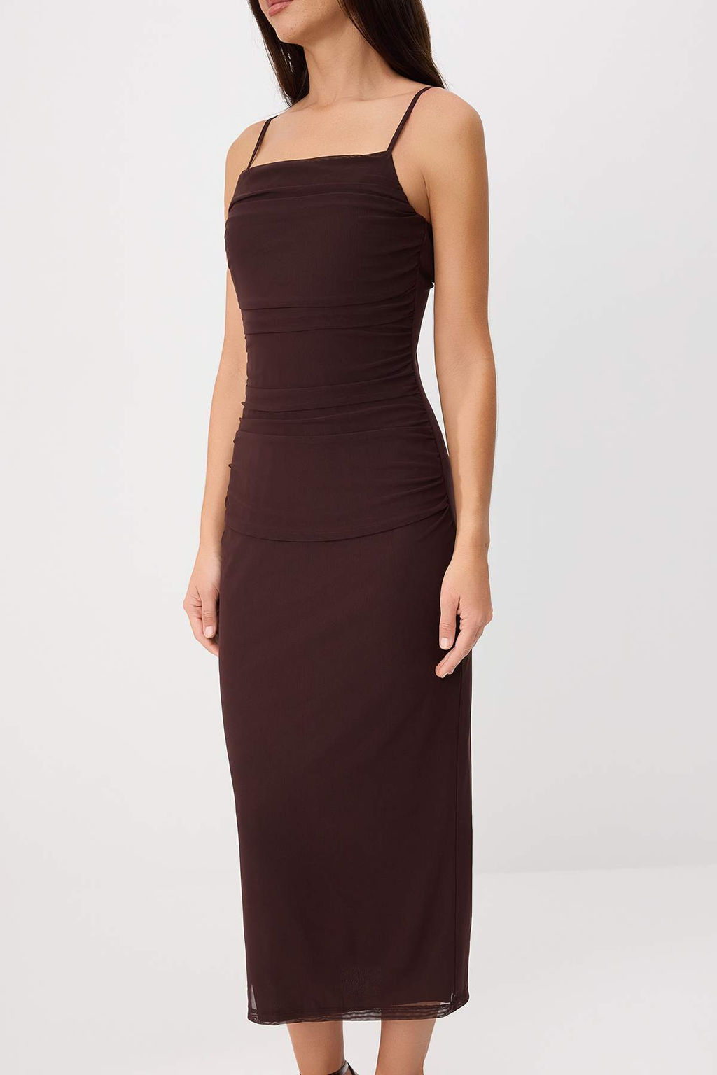 Kahverengi Bodycon Kare Yaka _nce Ask_l_ Kolsuz T_l _rme Elbise TWOSS26EL00486 - Trendyolmilla фото 3