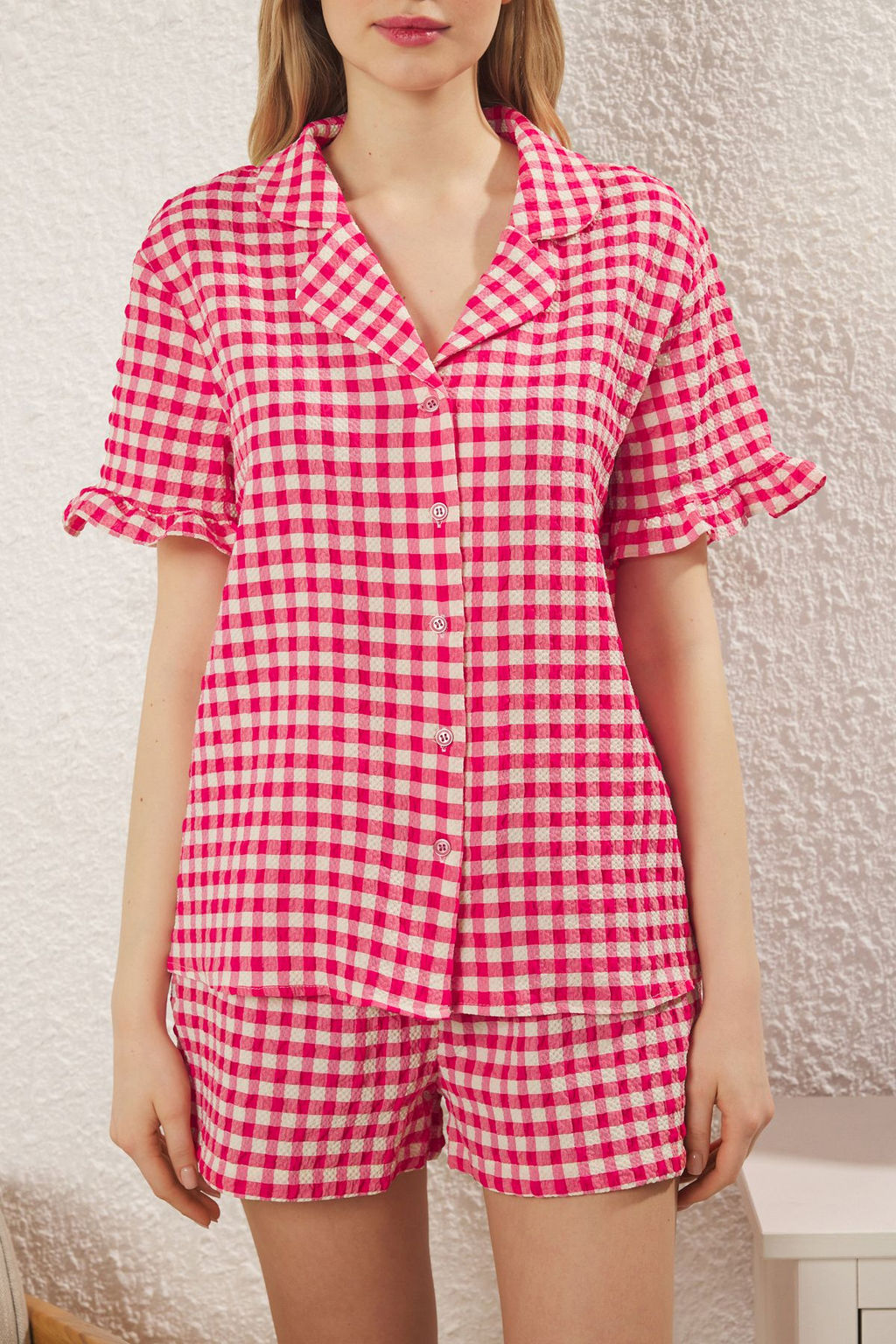 Trendyolmilla Pembe Ekoseli F?rf?rl? Sortlu Dokuma Pijama Tak?m? THMSS25PT00248  фото 3