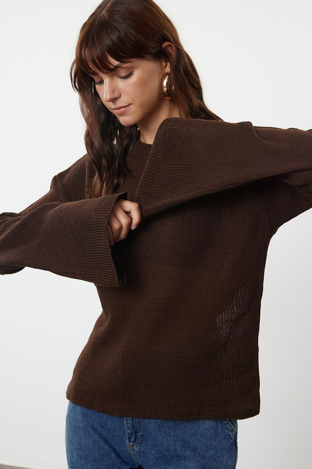 Kahverengi Genis Kal?p Yumusak Dokulu Triko Kazak TWOAW25KZ00295 - Trendyolmilla фото 3