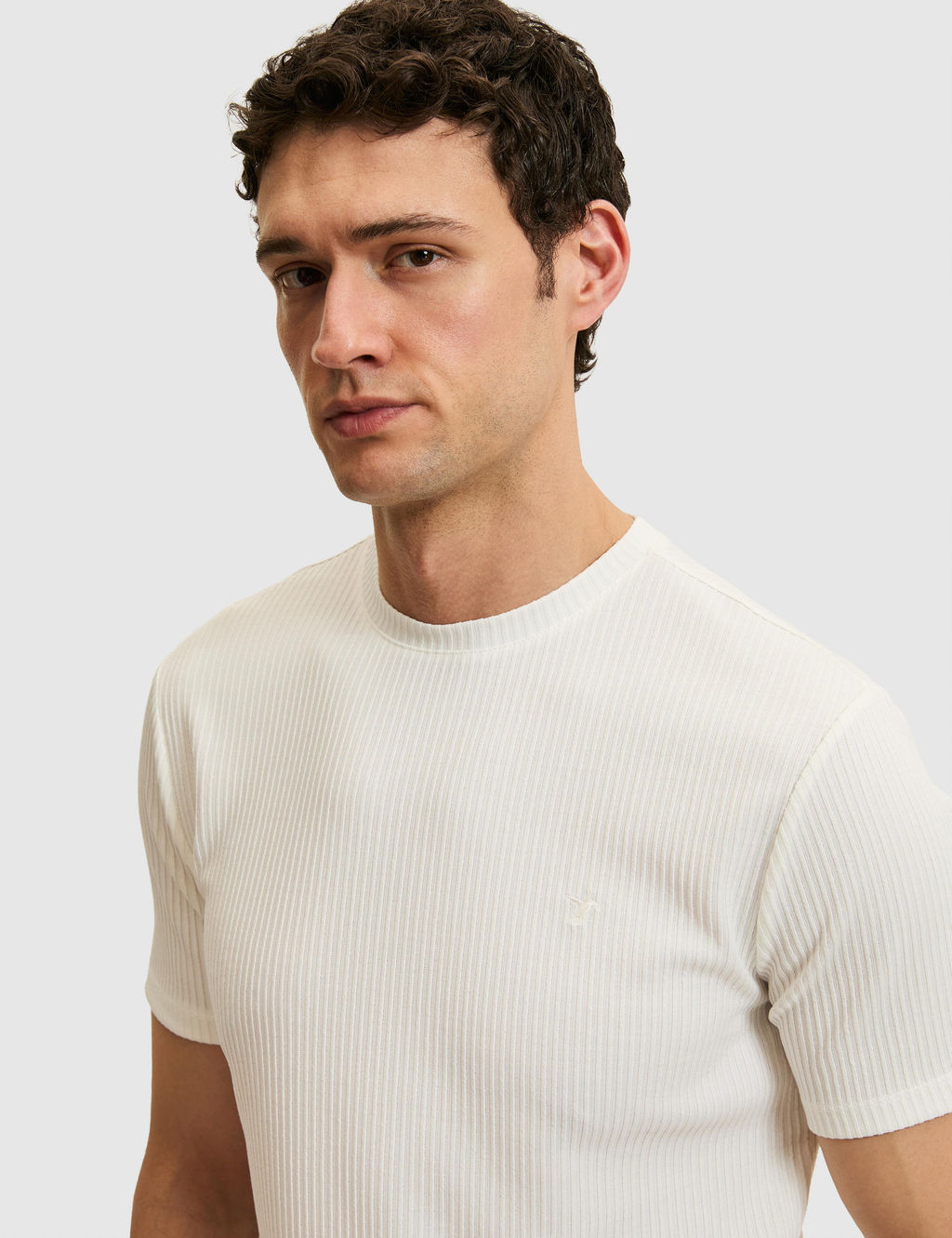 Beyaz Slim Fit Dokulu Bisiklet Yaka T-shirt