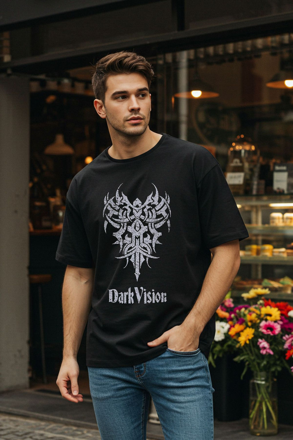 TRENDYOL MAN Siyah Oversize/Genis Kesim Bisiklet Yaka Bask?l? %100 Pamuk T-Shirt TMNSS25TS00168