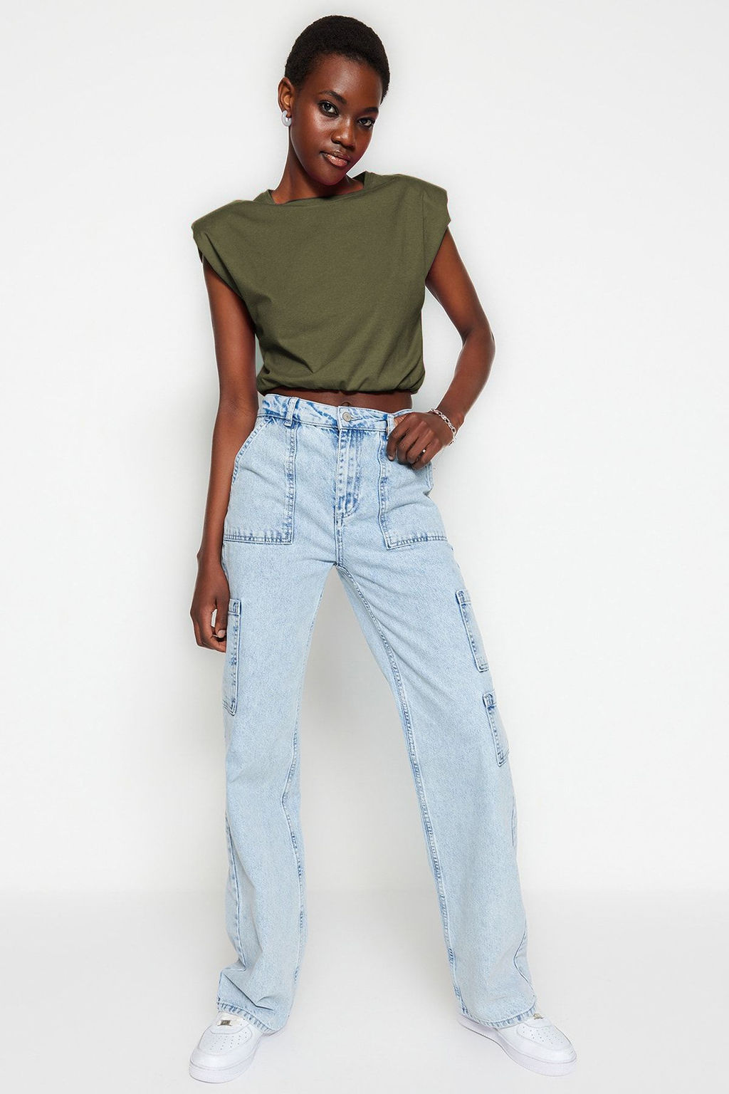 Haki %100 Pamuk Vatkal? Crop Bisiklet Yaka Orme T-Shirt TWOSS21TS0379