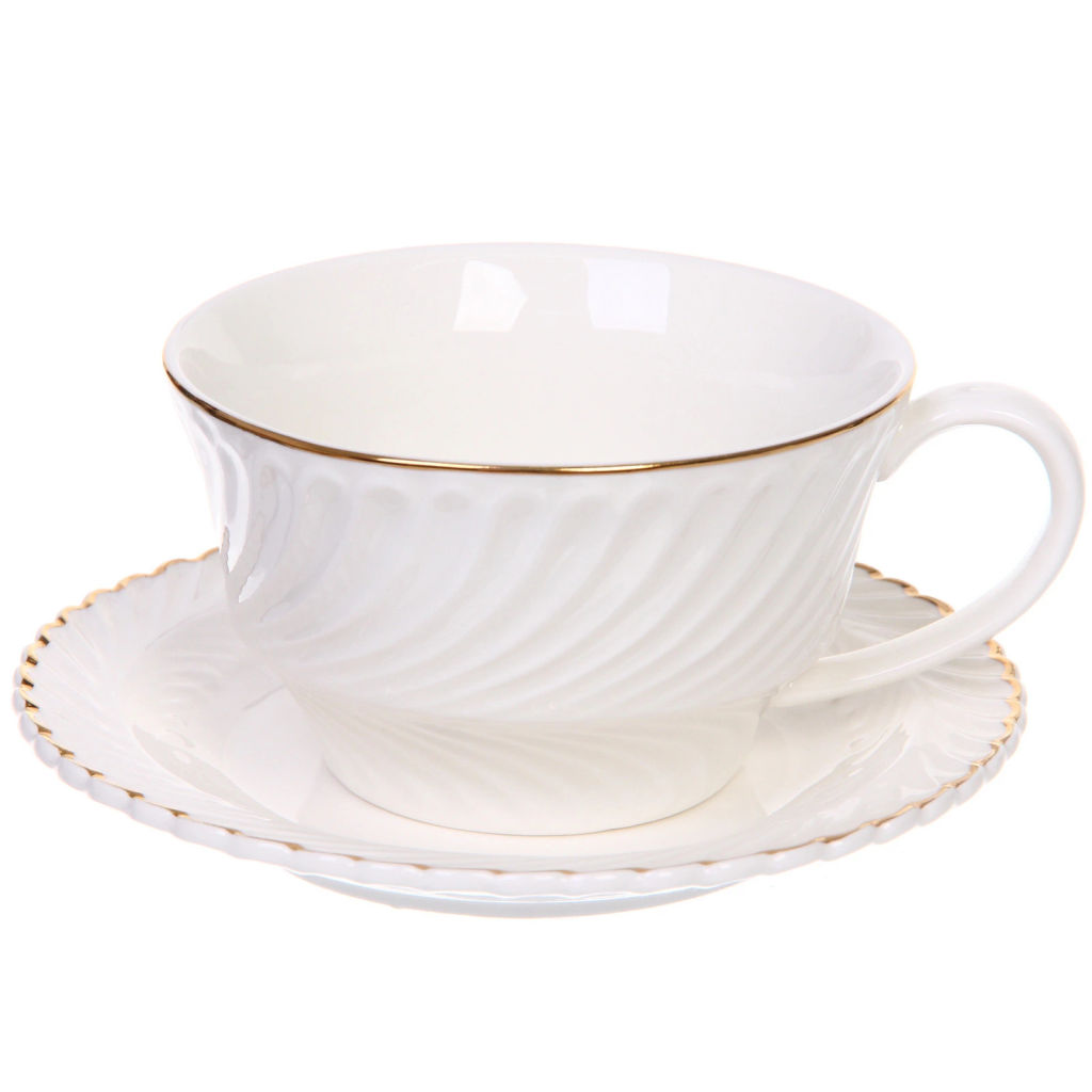 Чайная пара "Верона" (кружка 230мл, блюдце) белая с золотой каймой
