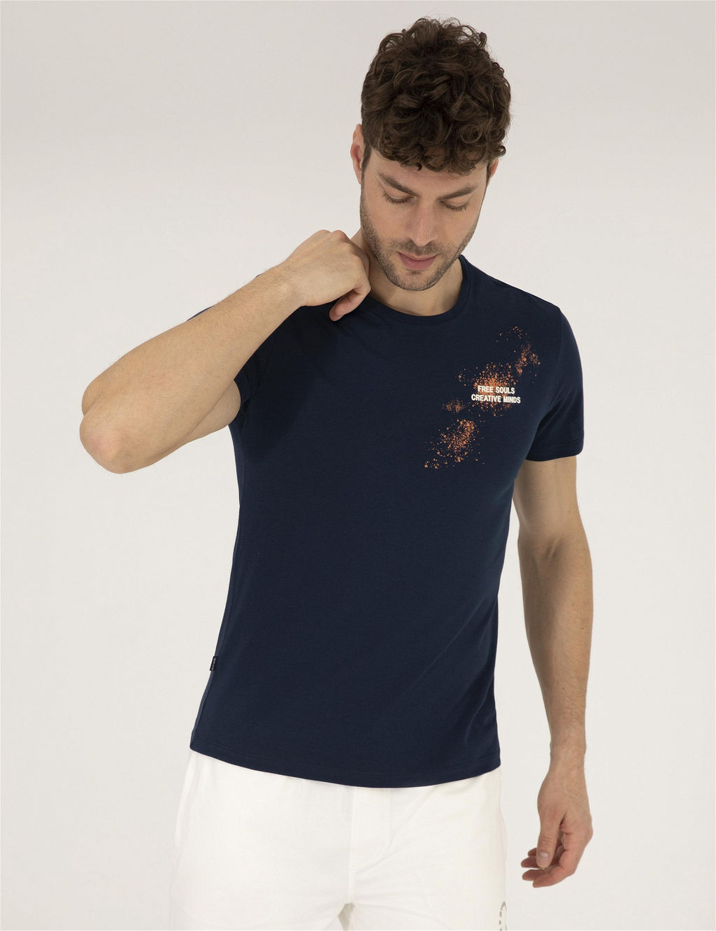 Lacivert Slim Fit Bask_l_ Bisiklet Yaka Ti__rt