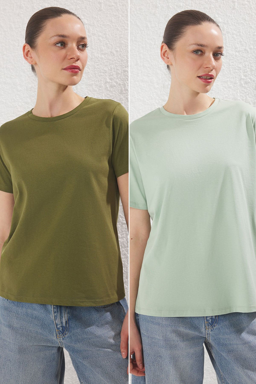 TRENDYOLMILLA Haki-Mint 2Li Paket Bisiklet Yaka %100 Pamuk Regular/Normal Kal?p Orme T-Shirt TWOSS25TS00182