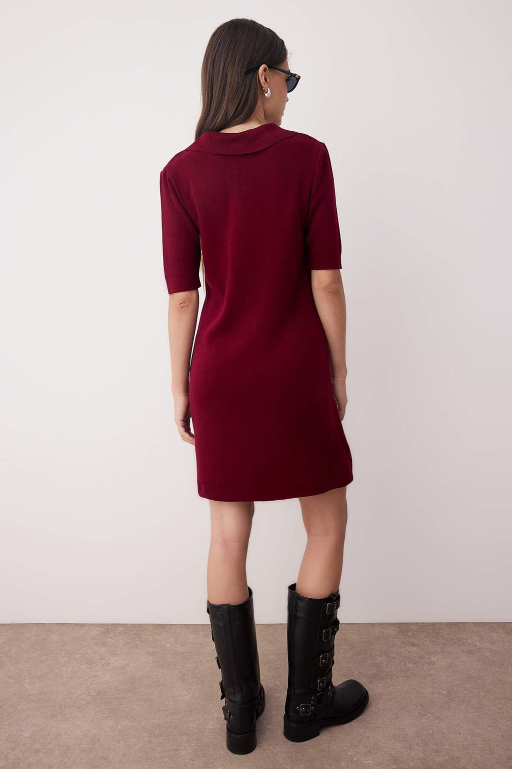 Bordo Renk Bloklu K?sa / Mini Polo Yaka Triko Elbise TWOAW26EL00105