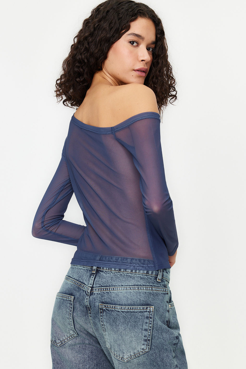 Trendyolmilla Petrol Tul Astarl? Asimetrik Yaka Orme Bluz TWOAW24BZ00051  фото 5
