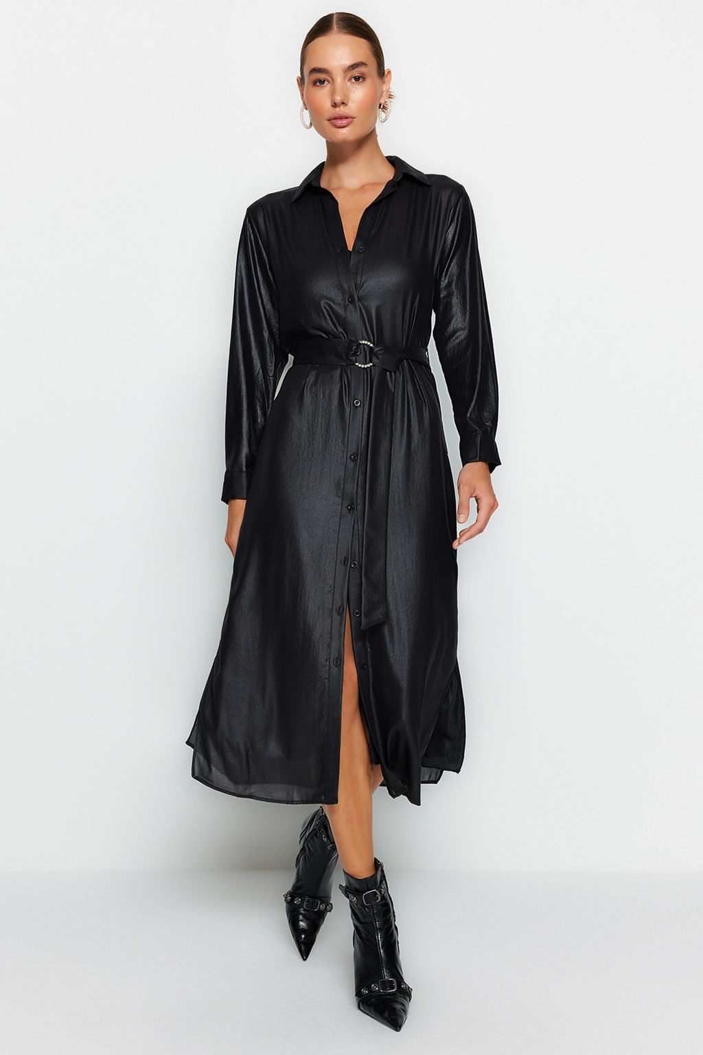 Trendyolmilla Siyah Kemerli Maxi Dokuma K?sl?k Gomlek Elbise TWOAW24EL00325  фото 3