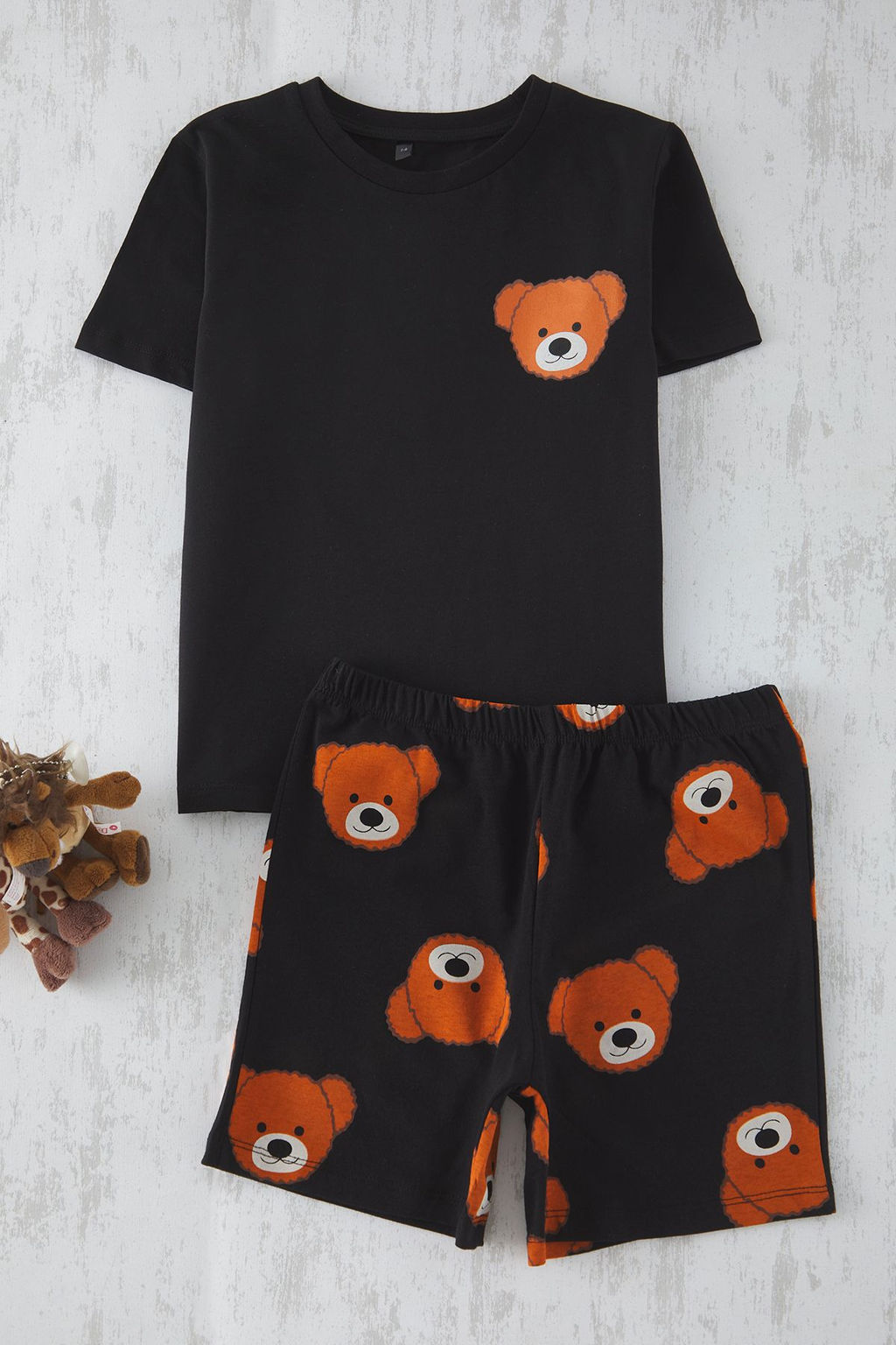 Siyah Unisex %100 Pamuk Ay?c?k Bask?l? K?sa Kol Family/Aile-K?z Orme Pijama Tak?m? TKDSS25PT00015