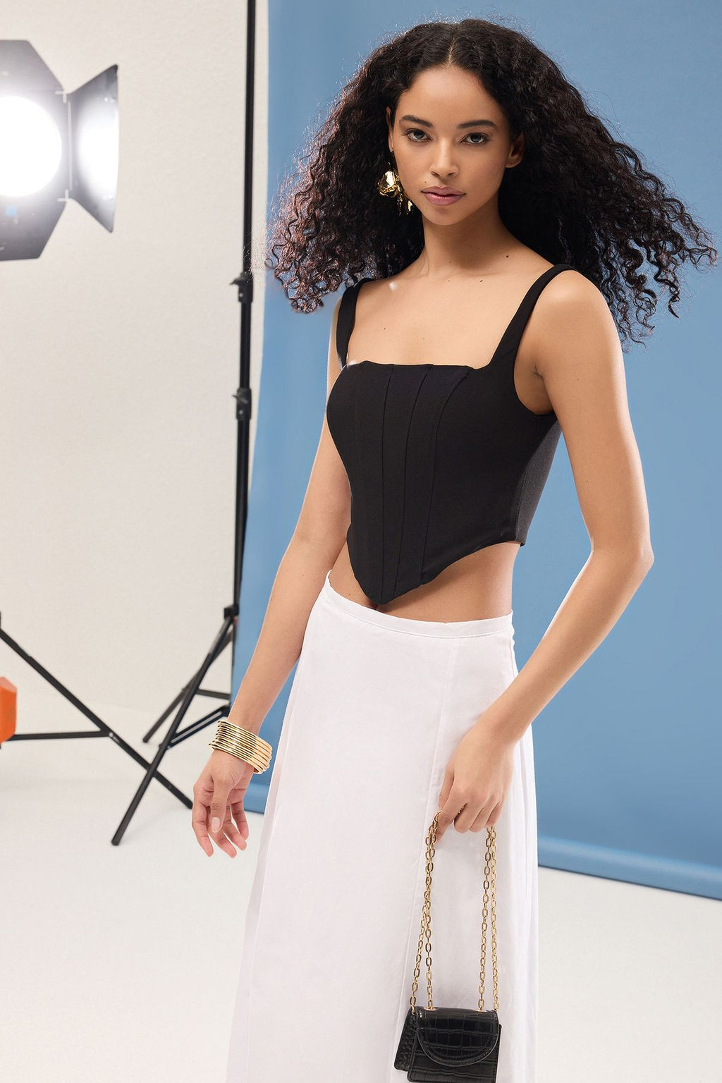 Siyah Ask?l? Korse Crop Dokuma Bluz TWOSS23BZ00938