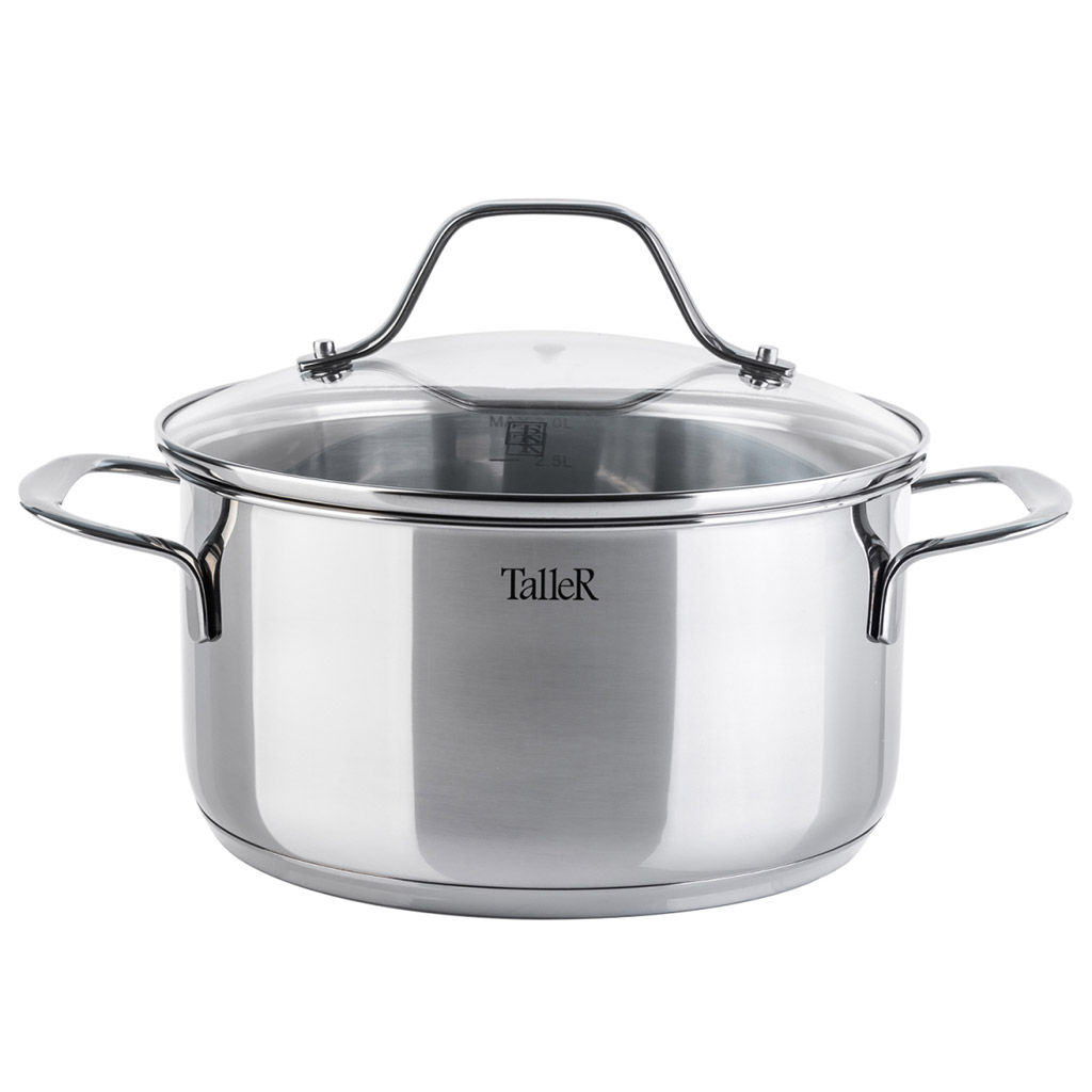 Кастрюля из нержавеющей стали Элиас 3л, д20см, h10,5см, s0,6мм, дно s2,8мм, стеклянная жаропрочная крышка, стальной обод, пароотвод, капсулированное дно, полировка внешняя - зеркальная, внутренняя - зеркальная, мерная шкала, цветная коробка, Talle