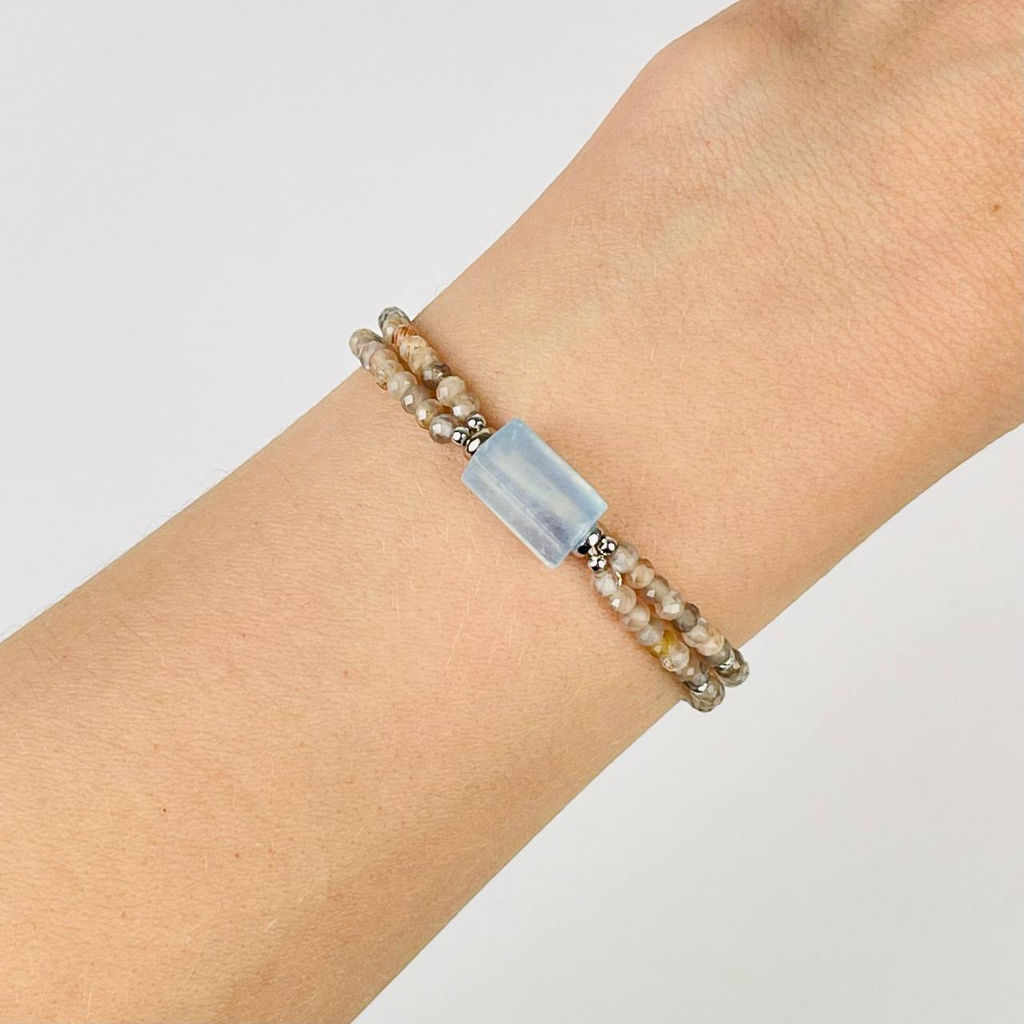 Браслет двойной из Лунного камня и Аквамарина 16 см +