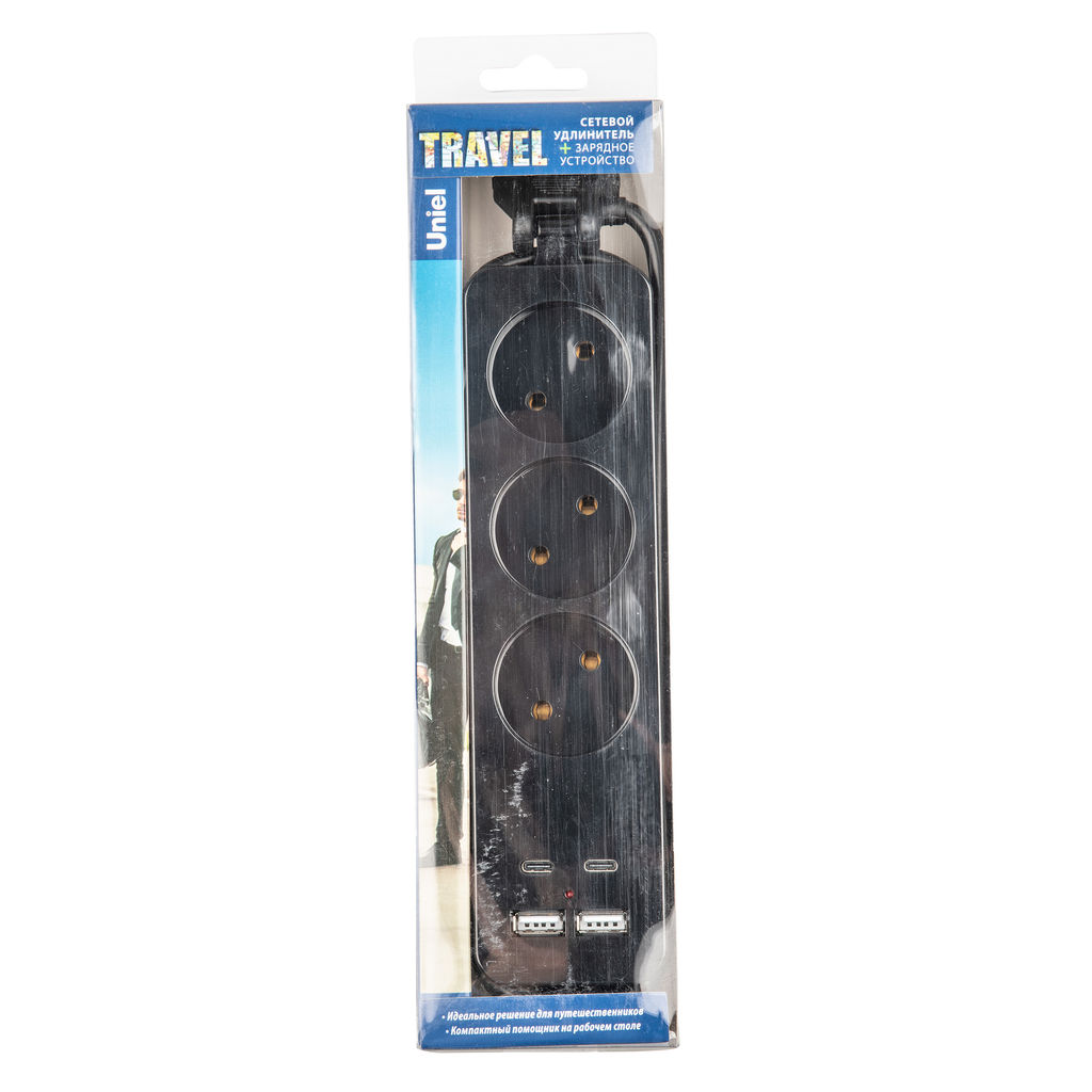 S-CT3-1,8UC BLACK Удлинитель серии Travel, шнур 1,8м., 3 гнездa, 10A, б/з, 2USB+2TYPE C(3,1A). Черный. ТМ Uniel