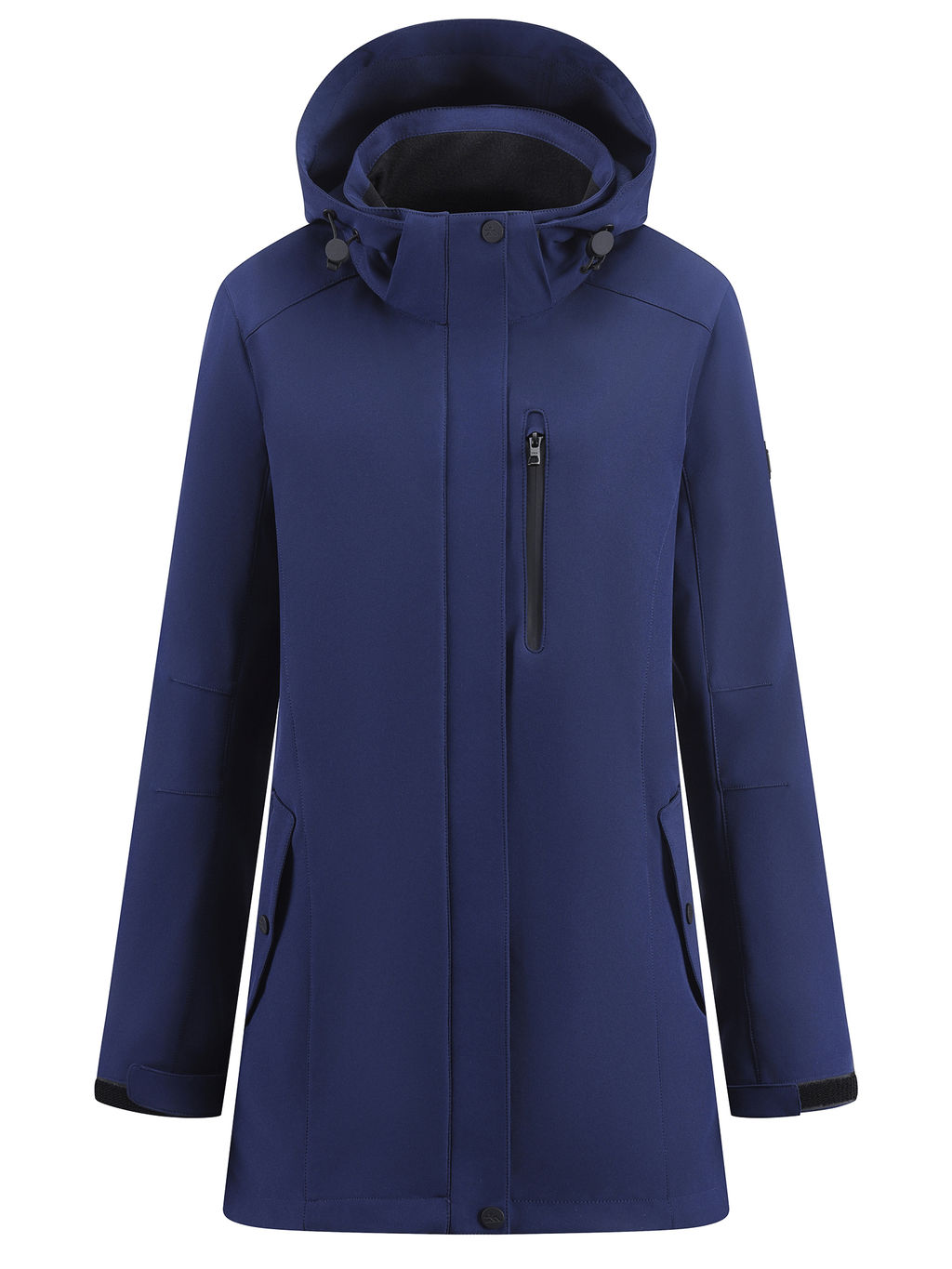 Парка женская софтшелл виндстоппер удлинённая с капюшоном темно-синего цвета 9618_1TS