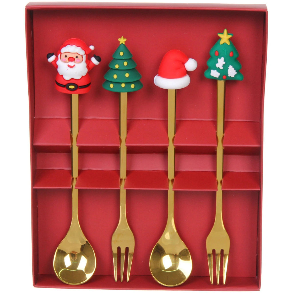 Набор для десерта "Дед Мороз и Ёлка" 4предмета (2ложки+2вилки) в подарочной коробке,золото