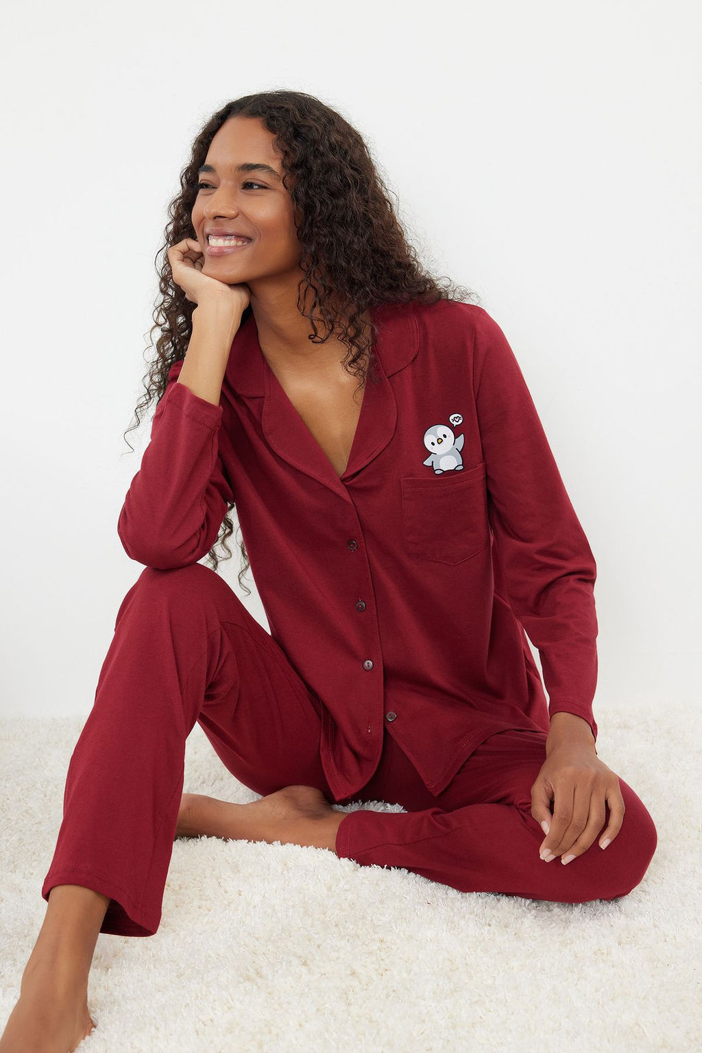 Trendyolmilla Bordo %100 Pamuklu Penguen Bask?l? Orme Pijama Tak?m? THMAW23PT00151