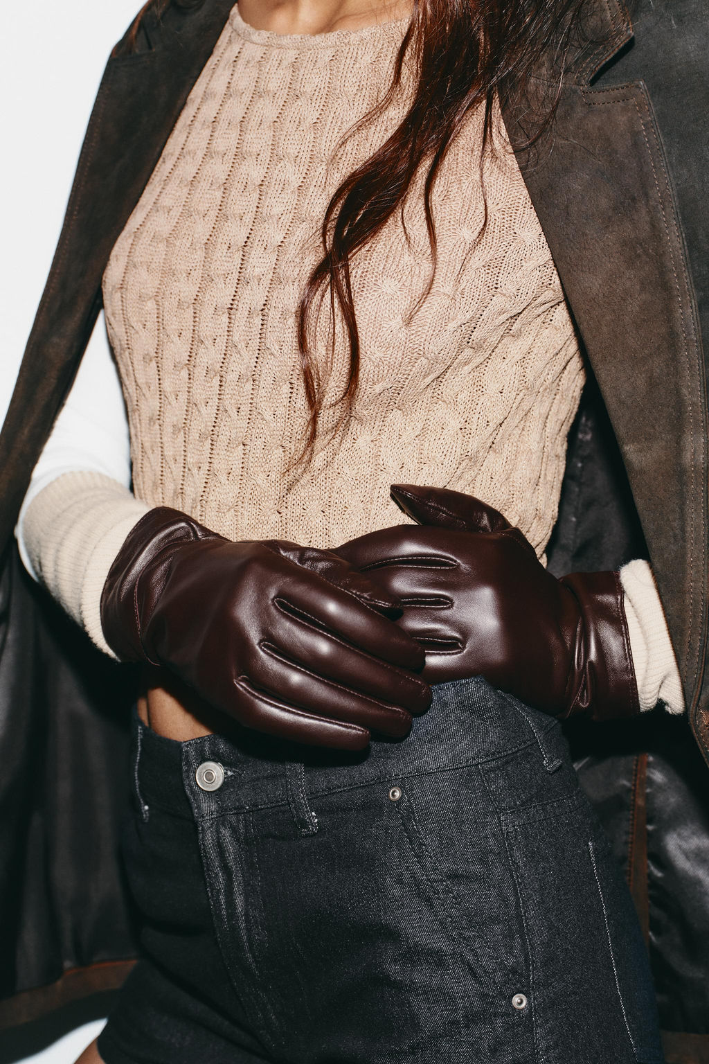 COMBINED LEATHER GLOVES WITH FLORAL EMBROIDERY