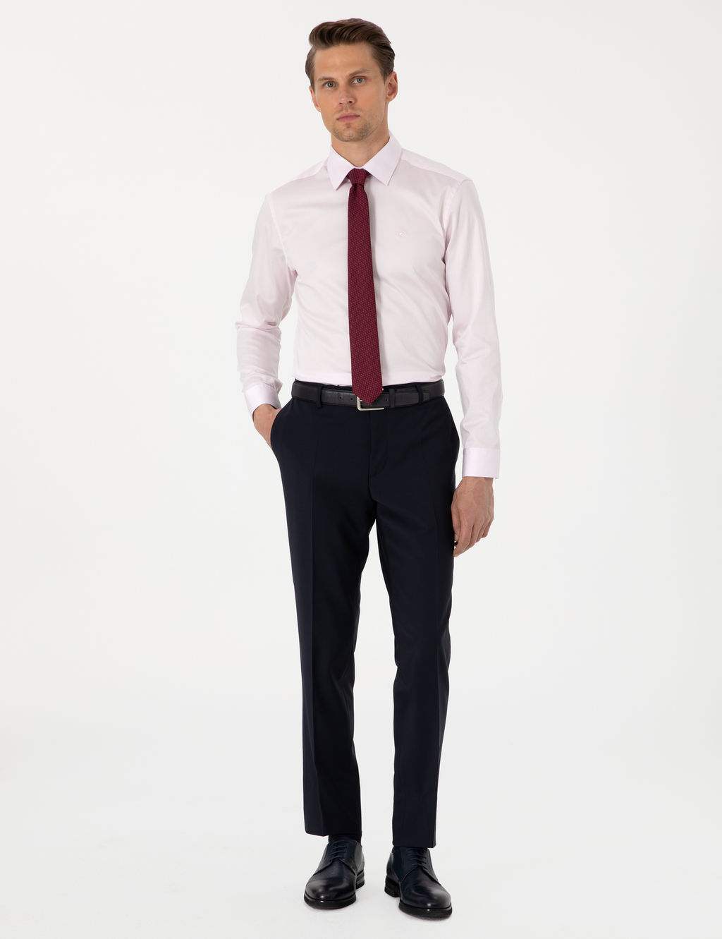 A__k Pembe %100 Pamuk Parlak Saten Slim Fit Uzun Kollu Basic G_mlek