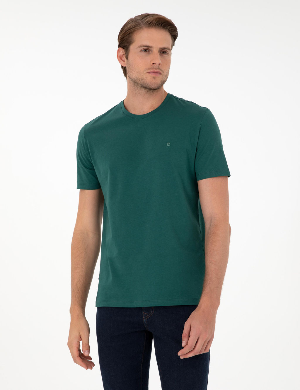 Koyu Ye_il %100 Pamuk Slim Fit Bisiklet Yaka Basic Ti__rt