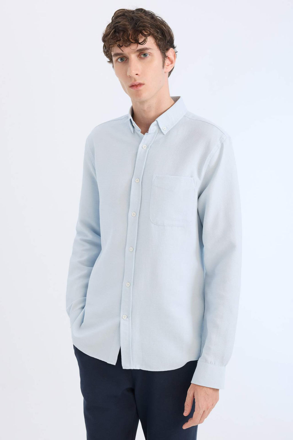 Slim Fit Dar Kesim Polo Yaka Dokulu Uzun Kollu Gomlek - Defacto фото 2