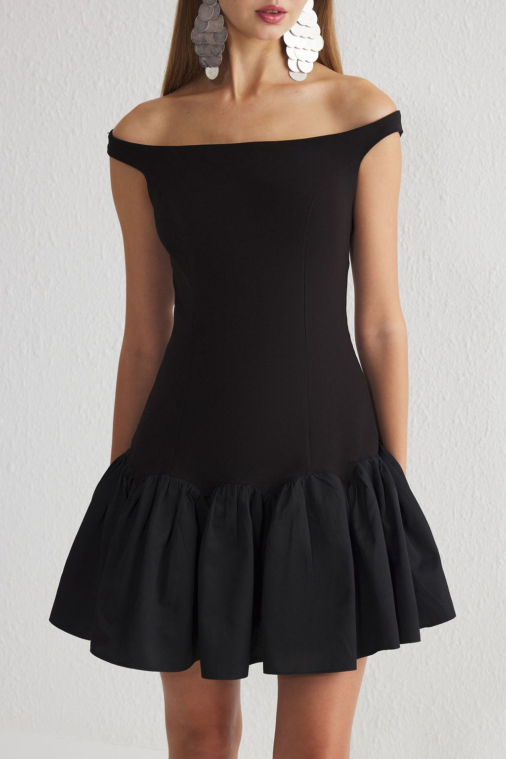 Siyah A-Kesim Carmen Yaka Dokuma K?sa Abiye Gece Mezuniyet Elbisesi TPRSS25EL00139 - Trendyolmilla фото 3