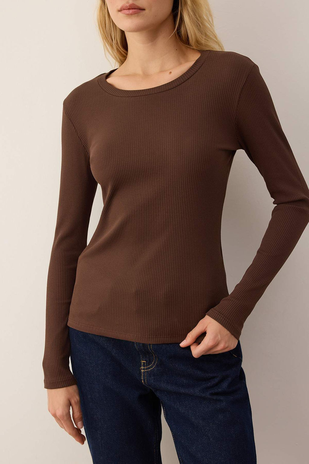 Kahverengi Fitilli Esnek Uzun Kollu Bisiklet Yaka Orme Bluz TWOAW26BZ00313