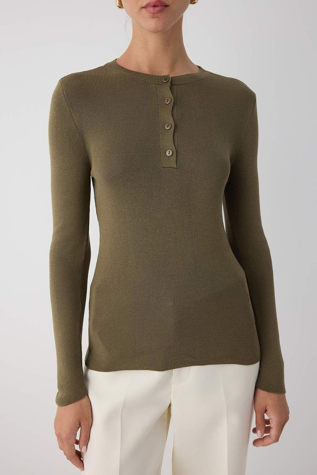 Wardrobe Essentials Haki Merserize Gorunumlu Basic Dugmeli Triko Kazak | TWOAW26KZ00093 - Trendyolmilla фото 3