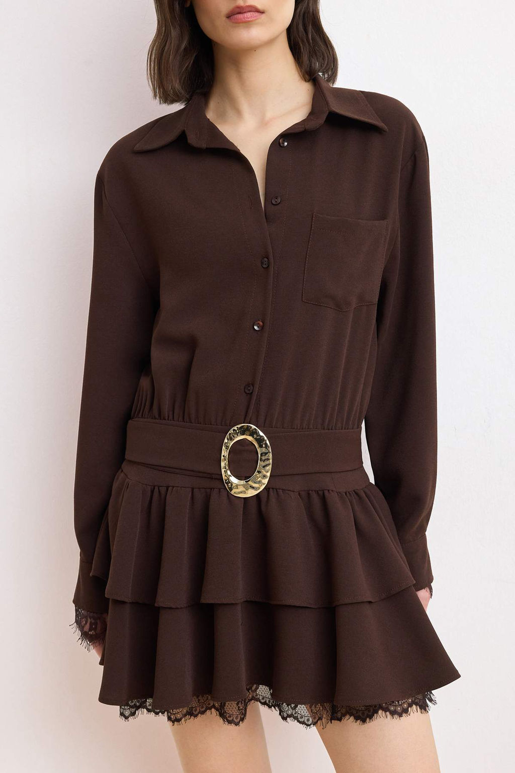 Kahverengi Kemerli Dantel Detayl? Dokuma Gomlek Yaka Elbise TWOSS26EL00613 - Trendyolmilla фото 3