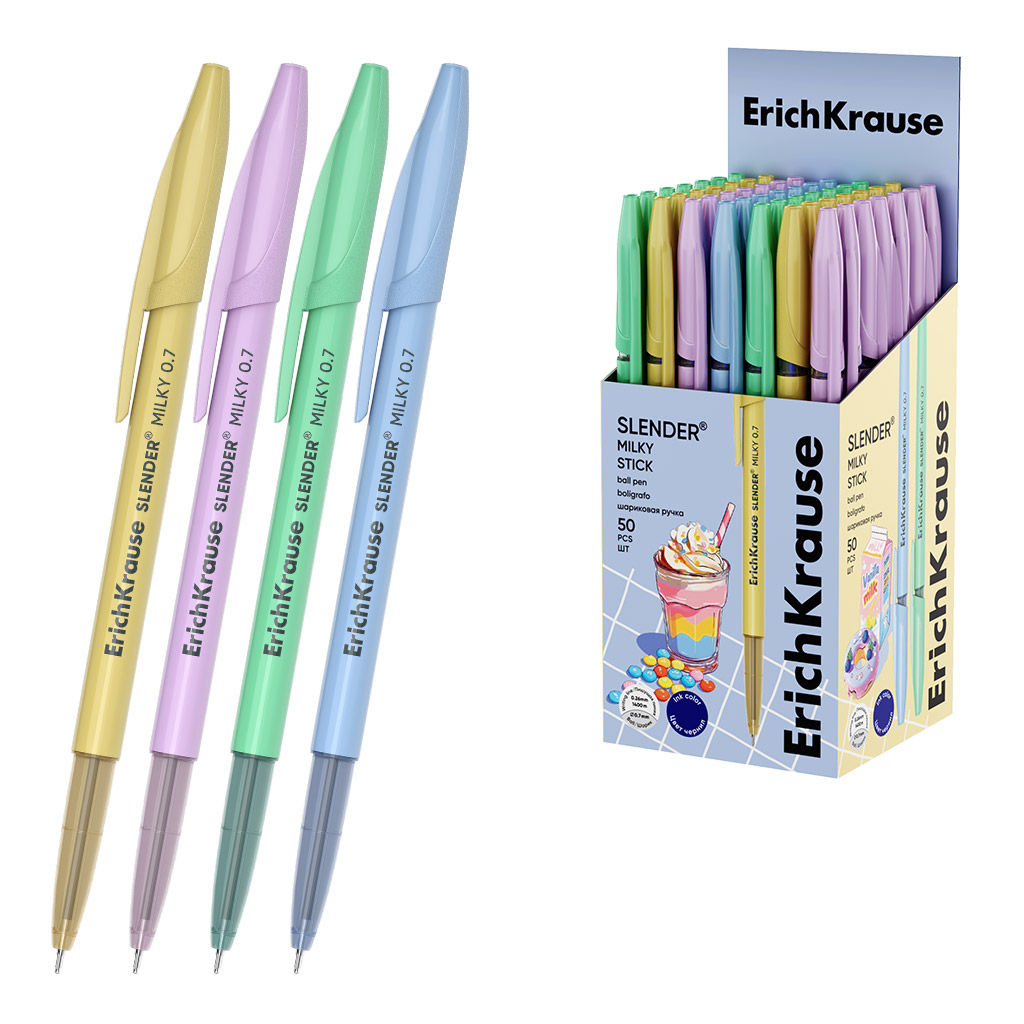 Цена за 50 шт. Ручка шариковая ErichKrause Slender® Stick Milky 0.7, Super Glide Technology, цвет чернил синий (в коробке по 50 шт.)