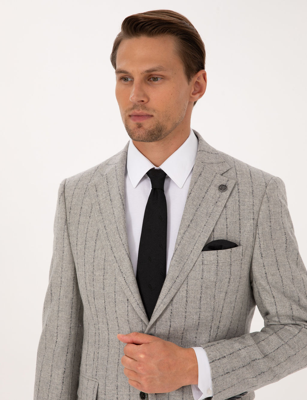 Gri Slim Fit Y_n Ka_mir Kar___ml_ _izgili Tak_m Elbise