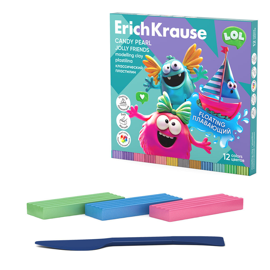 Цена за 1 шт. Пластилин классический плавающий ErichKrause Jolly Friends Candy Pearl 12 цветов со стеком, 216 г (в коробке 12 шт)
