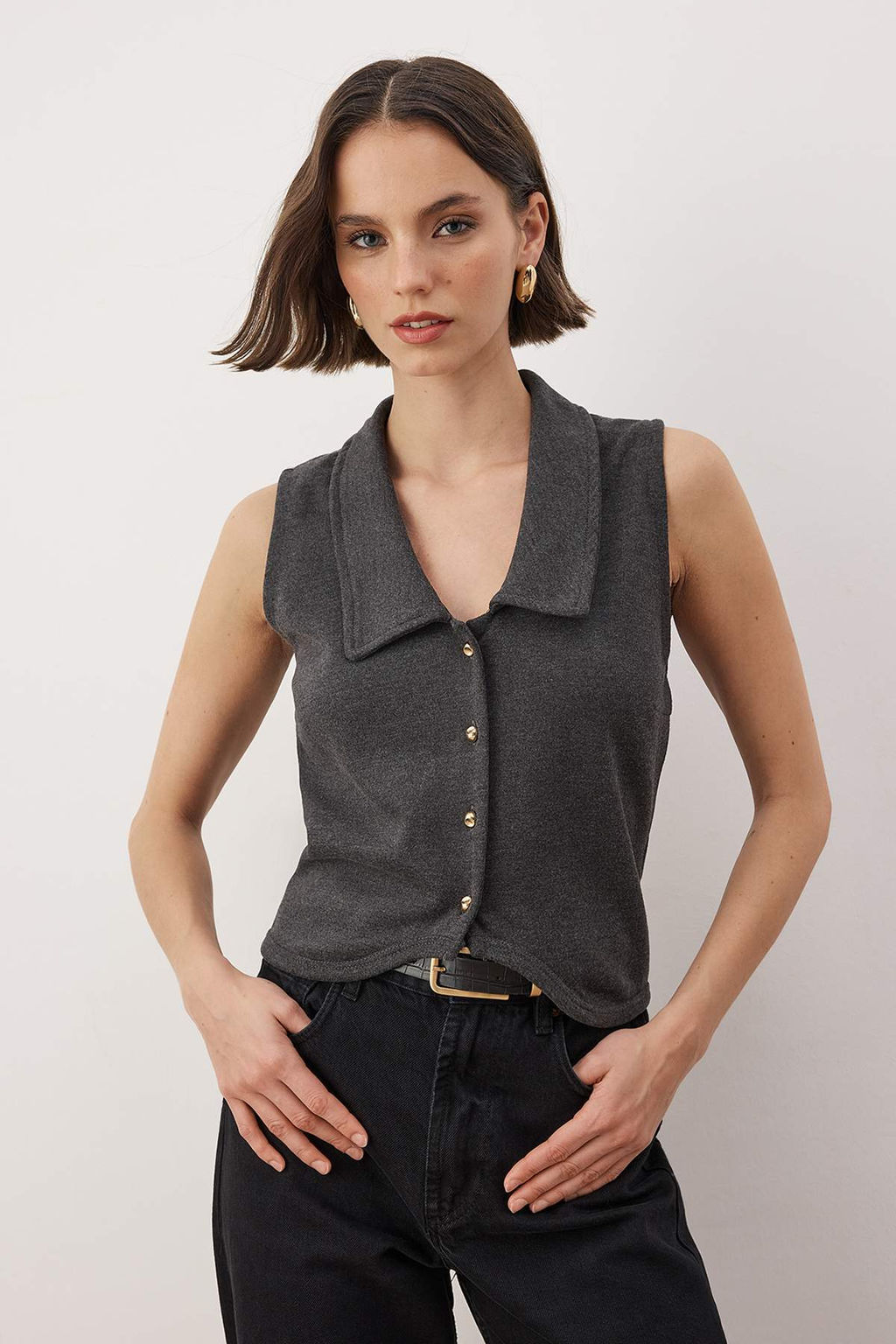 Ac?k Antrasit Fitted /Vucuda Oturan Dugmeli Esnek Orme Yelek TWOAW26YE00055