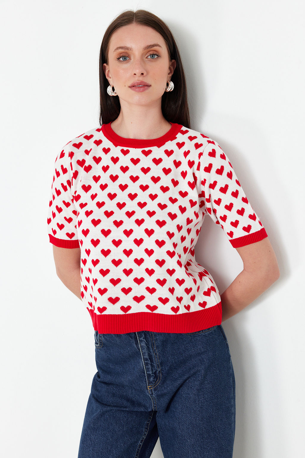 K?rm?z? Bisiklet Yaka Kalp Desenli Ince Triko Bluz TWOSS21KZ0008 - Trendyolmilla фото 2