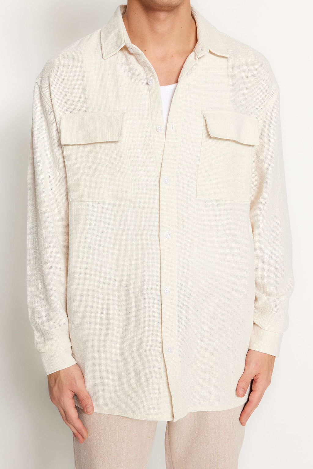 TRENDYOL MAN Ekru Oversize Fit Keten Dokulu Cift Cepli Ceket Gomlek TMNSS23GO00089 - Trendyolmilla фото 6