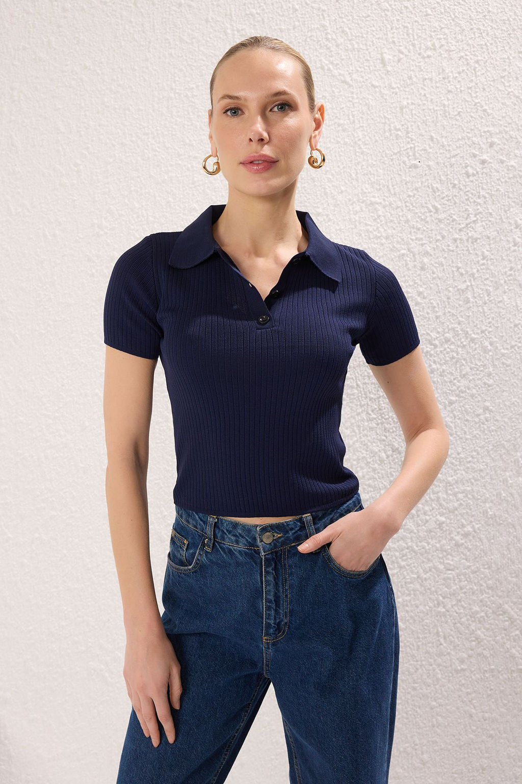 Lacivert-Ekru Basic Polo Yaka Ikili Paket Triko Ince Bluz TWOSS25BZ00503