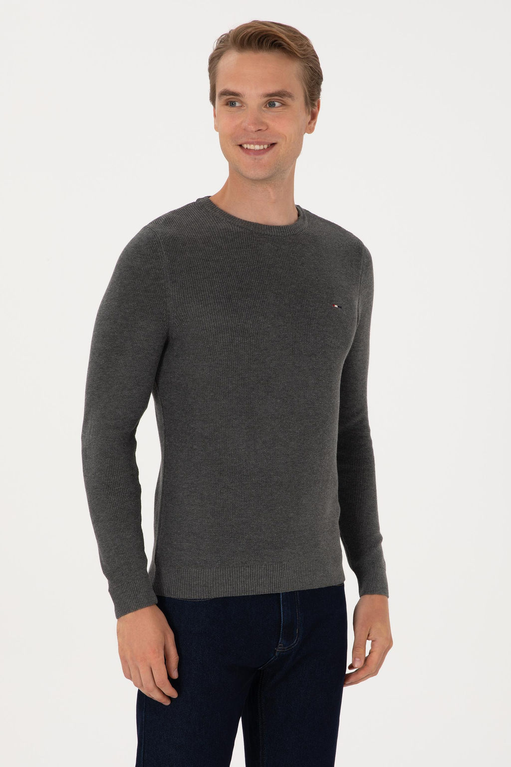 Erkek Slim Fit Bisiklet Yaka Antrasit Melanj Basic Kazak - U.s. polo assn фото 3