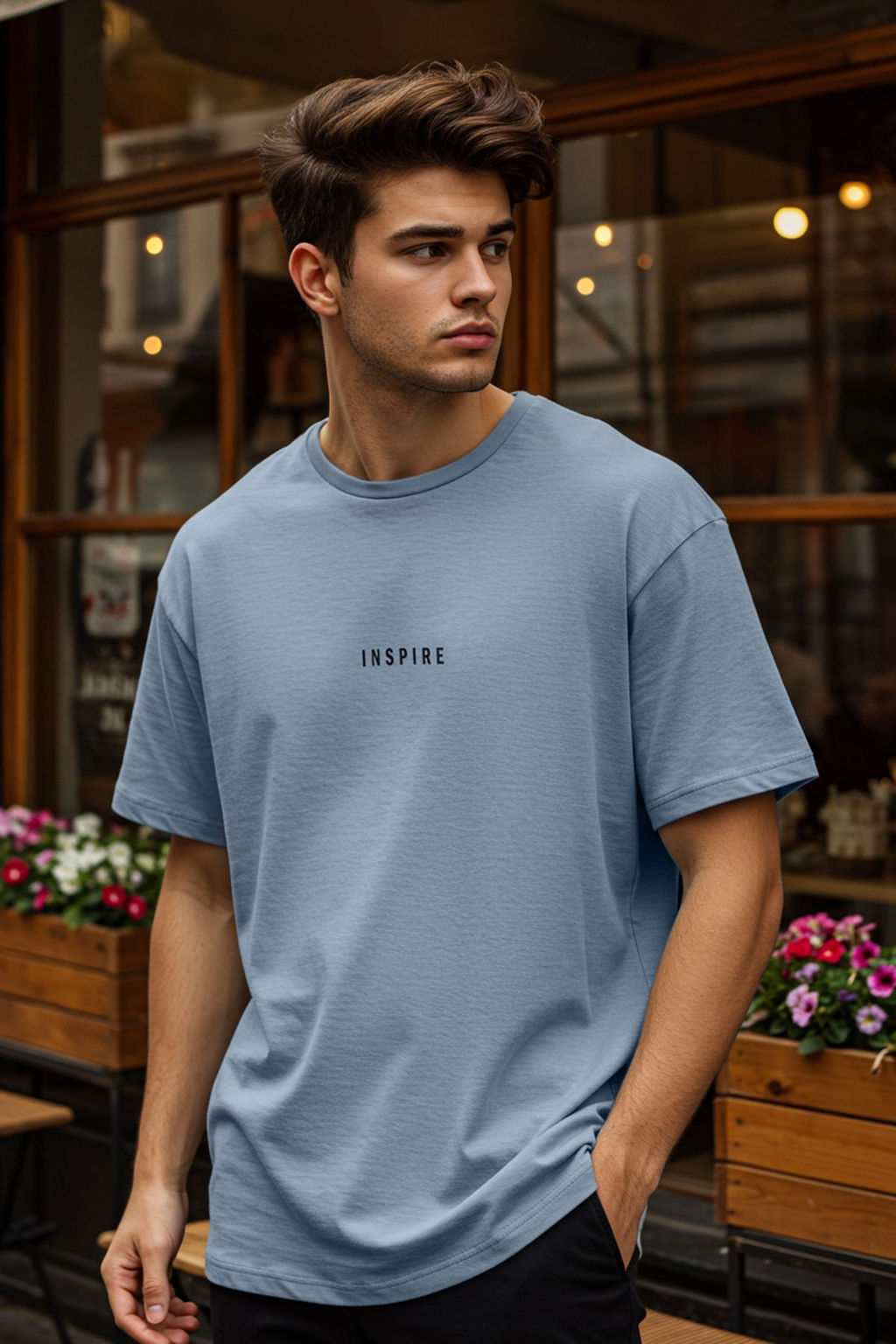 TRENDYOL MAN Mavi Oversize/Genis Kesim Bask?l? Dokulu Yumusak Kal?n T-Shirt TMNSS25TS00021