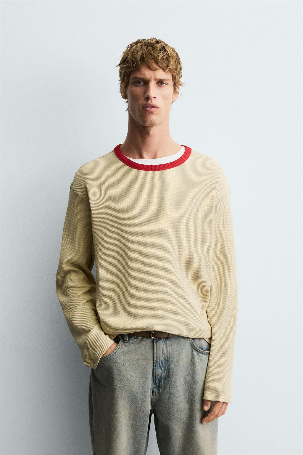 CONTRAST CHECKERED WAFFLE-KNIT T-SHIRT - Zara фото 2