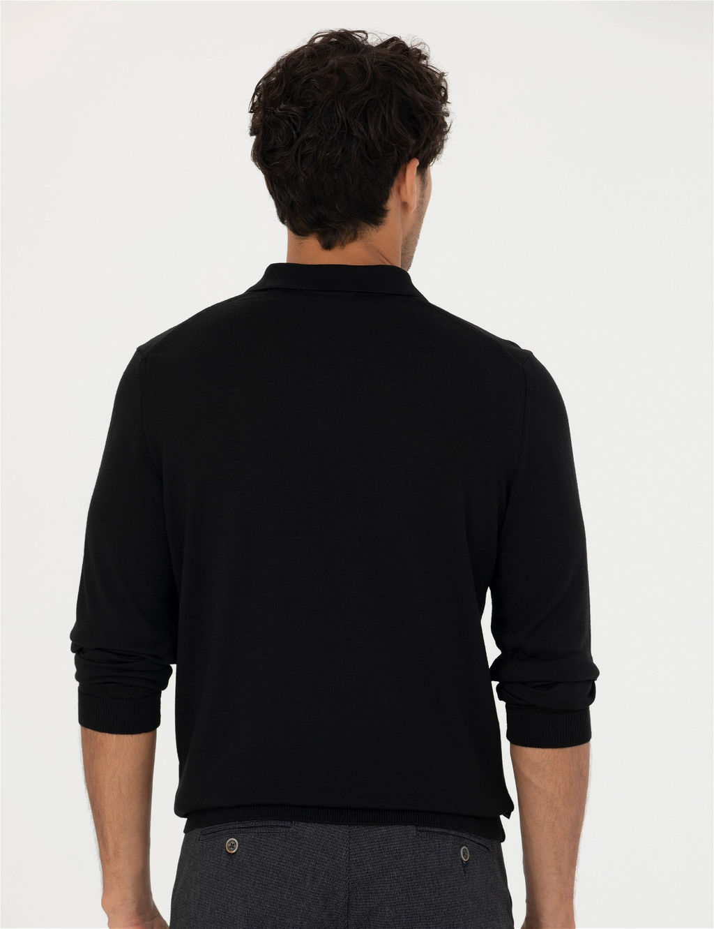 Siyah Regular Fit Polo Yaka Y_n Kar___ml_ Basic Triko Kazak