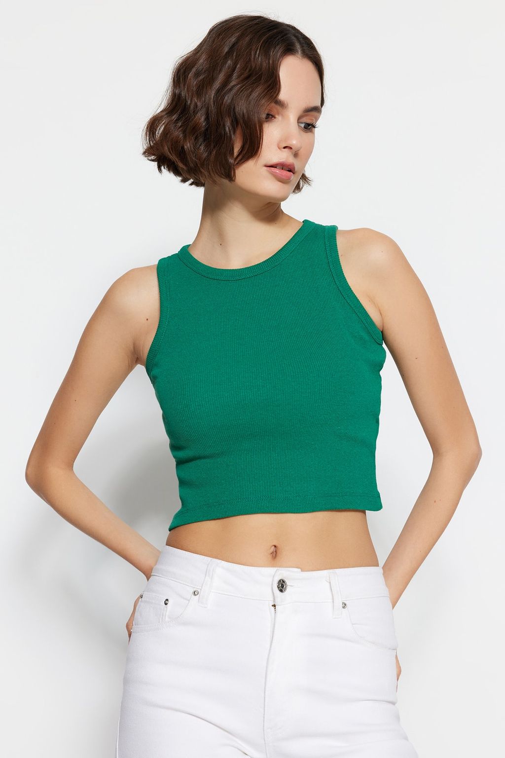 Lacivert-Yesil 2li Paket Fitted/Vucuda Oturan Crop Halter Yaka Fitilli Orme Atlet TWOSS21AL0058
