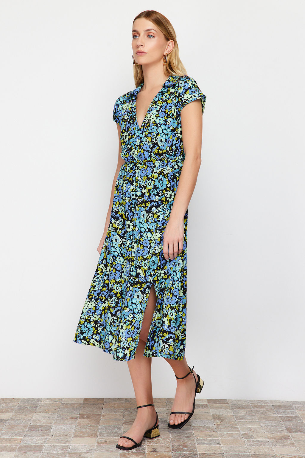 Lacivert Cicek Desenli A Kesim Kruvaze Yaka Viskon Midi Dokuma Elbise TWOSS24EL00607 - Trendyolmilla фото 2