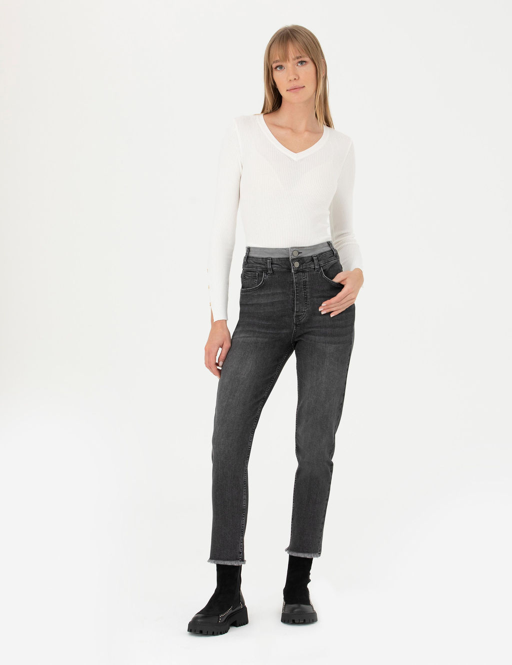 Antrasit Mom High Waist Fit Jean Pantolon