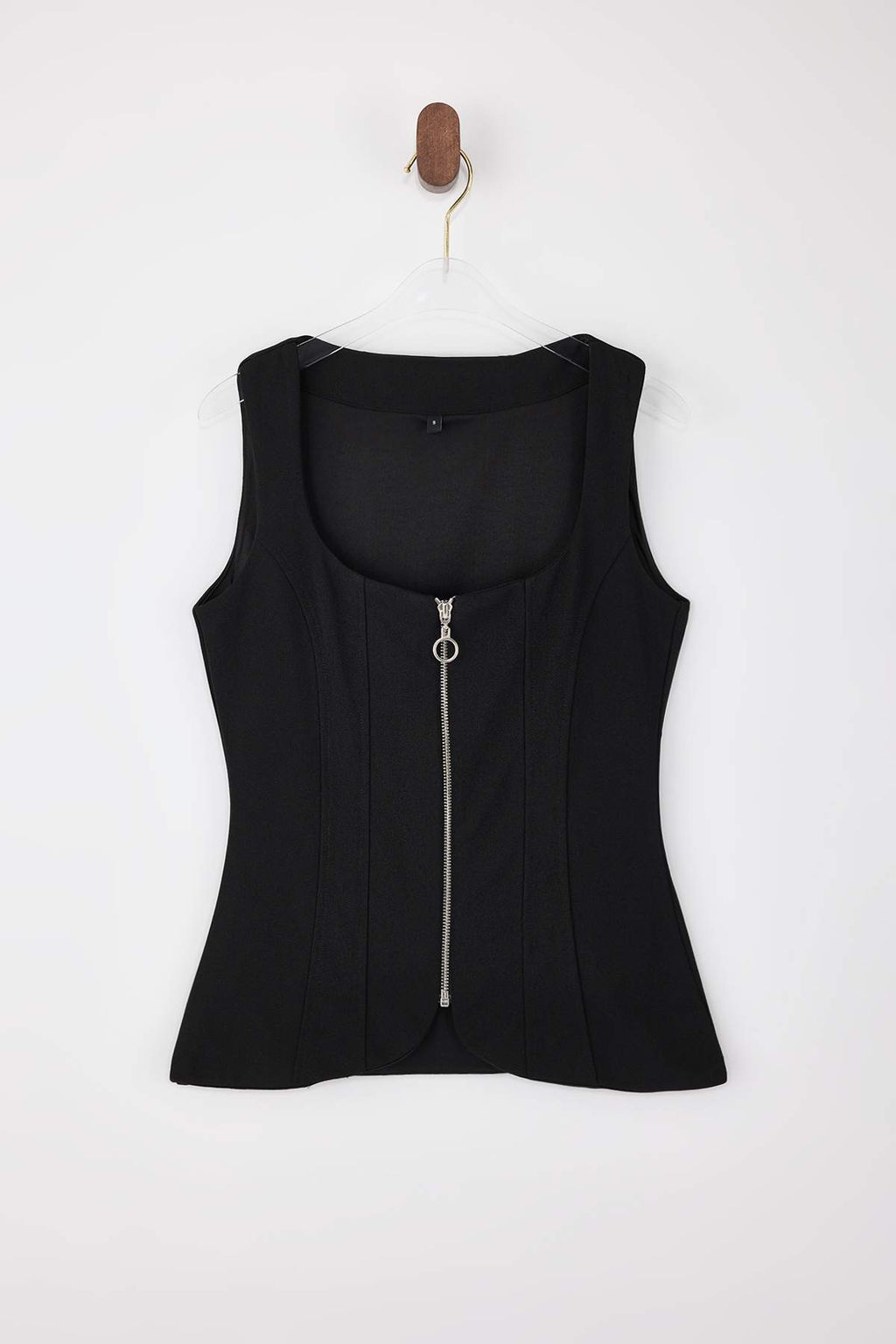 Limited Edition Siyah Fitted/Vucuda Oturan Kare Yaka Fermuarl? Scuba Krep Orme Bluz TWOSS26BZ00029